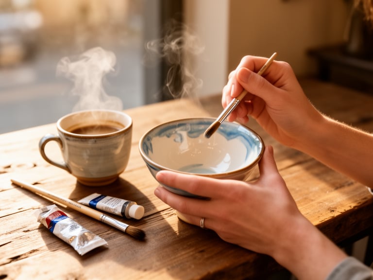 A warm, sunlit scene of hands carefully painting a delicate ceramic bowl with soft blue and earth-toned glazes, with a steaming coffee cup and paintbrushes resting nearby on a rustic wooden table.