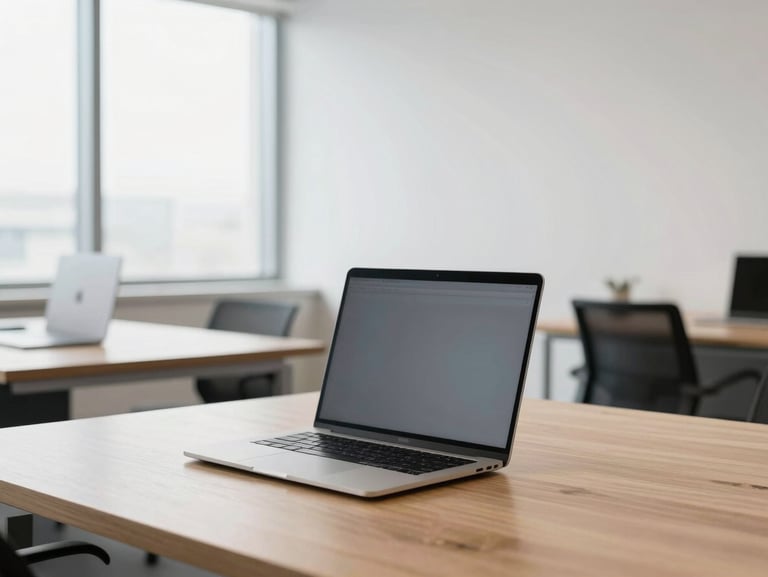 Bright modern office space with minimalist wooden desk setups, Apple MacBooks, studio lighting, and large sunlit window background